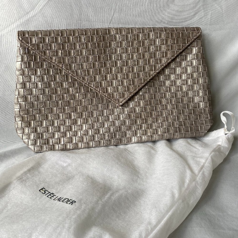 Estee Lauder silver textured woven clutch